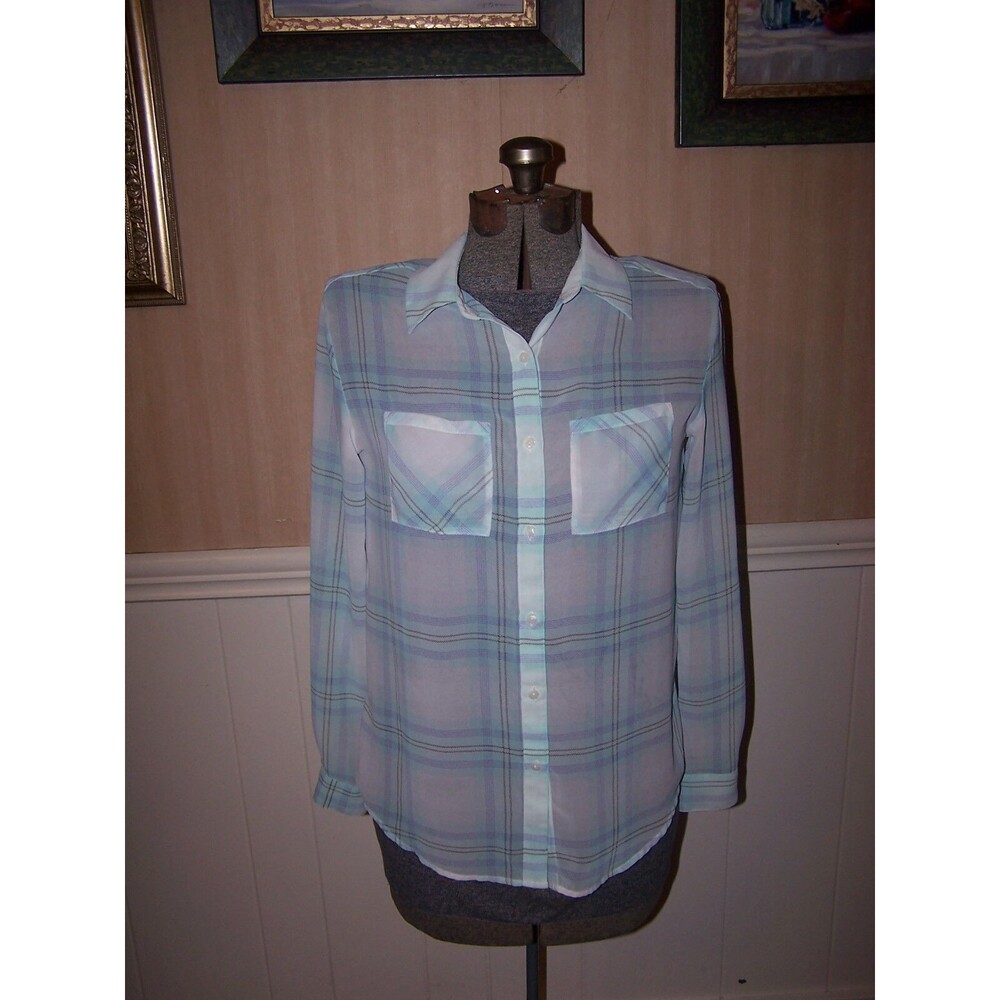 DECREE‎ Woman's :long sleeve blue/gray blouse size S chiffon stripes very sexy